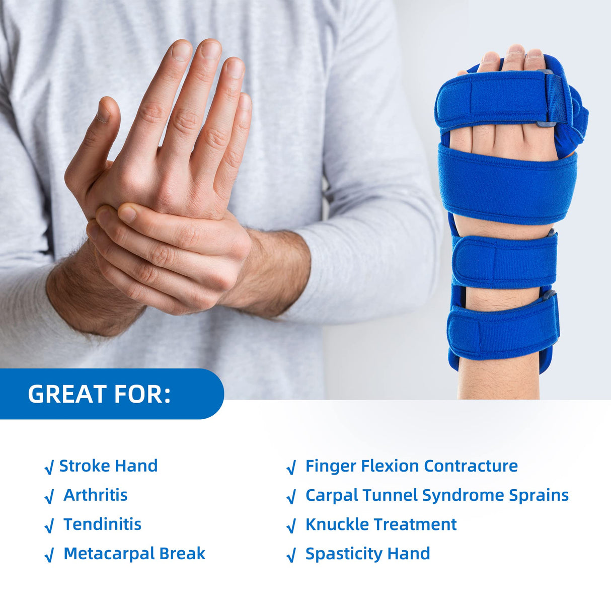 Resting Hand Splint, Stroke Hand Therapy Equipment, Hand Brace with Finger Support for Stroke Recovery Patients, Carpal Tunnel Syndrome, Arthritis, Tendinitis, Metacarpal Breaks (Large Left)