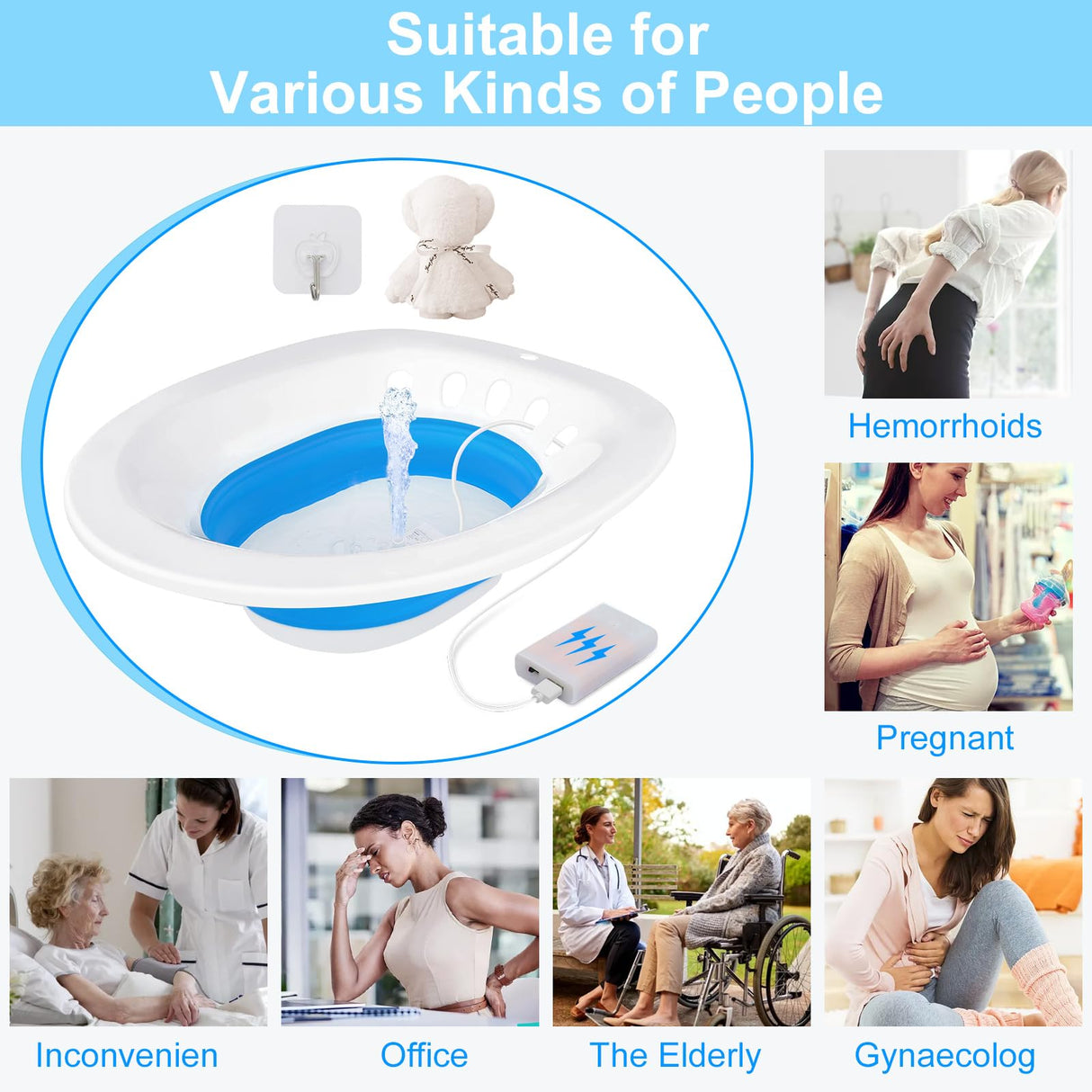 Electric Sitz Bath, Sitz Bath for Hemorrhoids, Sitz Bath for Toilet Seat, Sitz Bath for Postpartum Care, Sits Bath Kit for Women, Automatic Flushing, Foldable, Fits Universal Toilet (Blue Electric)