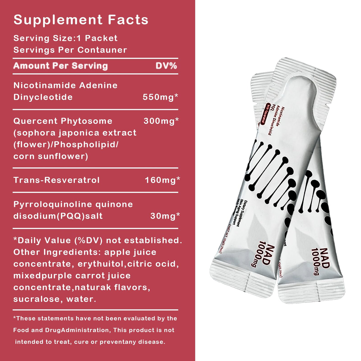 XDWCUFQ NAD 1000mg Liquid – NAD+ Drink Mix with Nicotinamide Riboside, PQQ & Resveratrol – Berry Flavor, Boosts Energy, Focus & Anti-Aging – 30 Packets