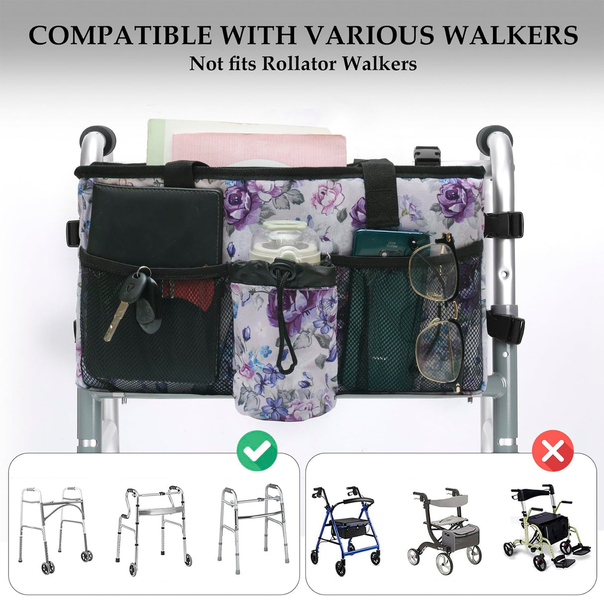 Compact Walker Bag with Pockets, Adjustable Strap, Easy Access Walker Storage Solution
