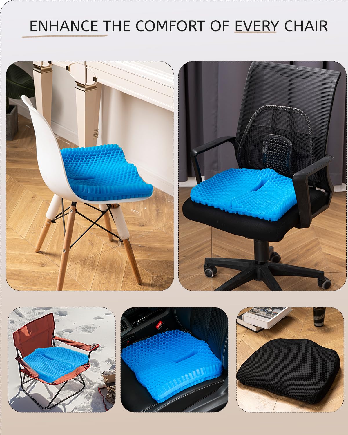 Anzeng Gel Seat Cushion for Long Sitting & Hip Pain Relief (Large Size) - Cooling 3D Cushions for Office Chair, Car, Wheelchair, Breathable & Non-Slip Cover with Pressure Relief Technology