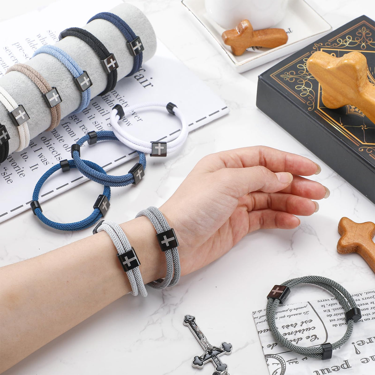 Landical 12 Pcs Braided Cross Bracelet for Men Women Christian Adjustable Rope Jesus Bracelets with Metal Knot Christian Baptism Gifts