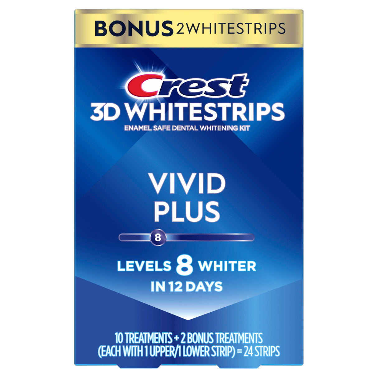 Crest 3D Whitestrips Vivid Plus, Teeth Whitening Strip Kit, 10 Treatments + 2 Bonus Treatments (Each with 1 Upper/1 Lower Strip), 24 Strips, 8 Levels Whiter, Teeth Whitening Kit