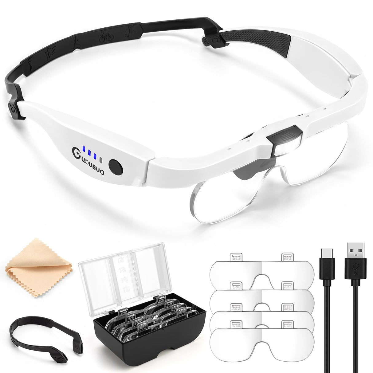 GUOUBUO Magnifying Glass with Light, 1.5X-5.0X Magnifying Glasses, Rechargeable Magnifier Headset with Light, Head Magnifier with 4 Detachable Lenses, Magnify Glasses for Close Work Crafts Jewelry