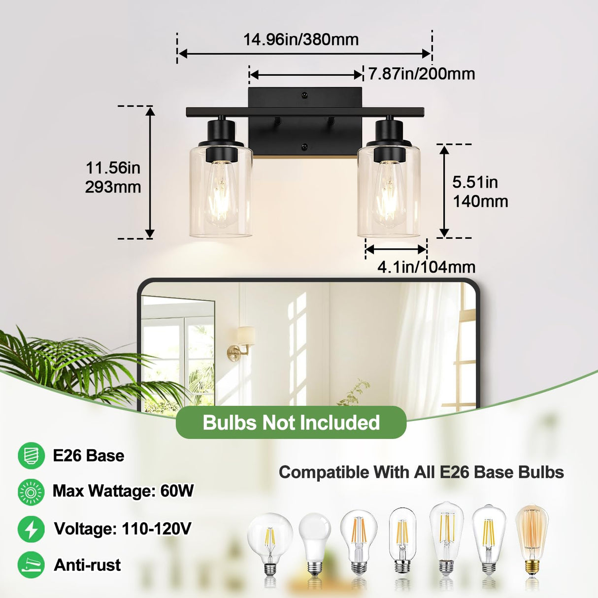 Indoi 4-Light Bathroom Light Fixtures, Matte Black Vanity Light with Water Ripple Clear Glass Shades for Mirror, Living Room, Bedroom, or Porch