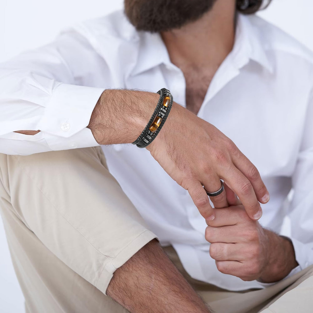 LOWNOUR Mens Bracelet Set Black Leather Bracelets for Men Tiger Eye Bracelet 8mm Lava Rock Beaded Bracelets Adjustable Stretch