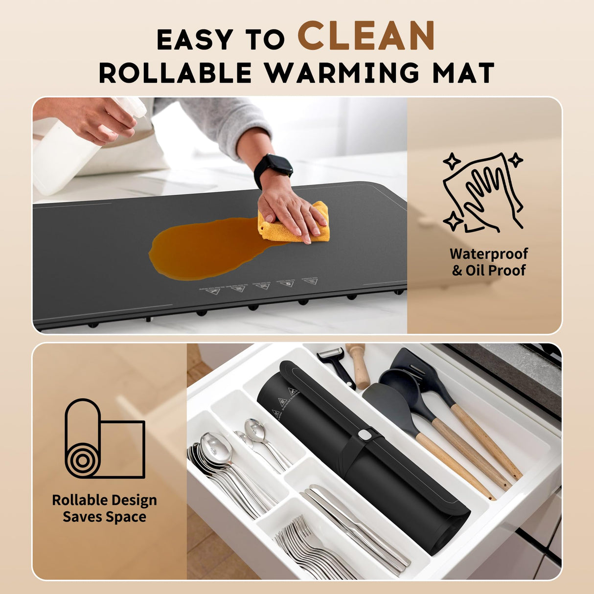 VTAR Rollable Electric Food Warming Mat | 3-Temp Buffet Tray Warmer for Parties | Even Heating, Portable Silicone Design, Auto Shut Off & Child Lock- Black