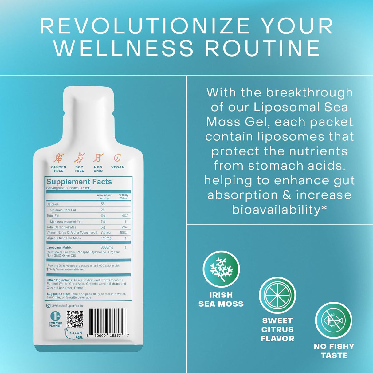 Akasha Superfoods Irish Sea Moss Gel, Liposomal Seamoss with Irish Sea Moss, Vitamin E, Citrus, Organic Vanilla, Glycerin, Skin, Energy & Gut Health Support for Women & Men, Sweet Citrus Flavor, 30 Ct