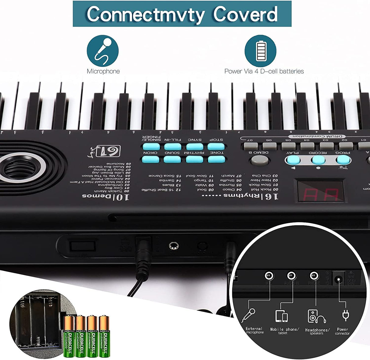 61 Key Keyboard Piano, Electric Piano Keyboard with Built-in Dual Speakers, External Microphone & Power Adapter - Portable Electronic Digital Piano for Beginners & Christmas Gift