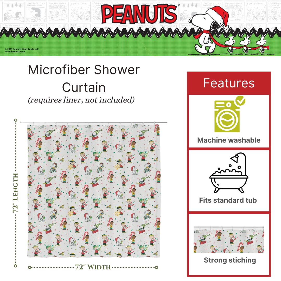 Franco Peanuts Holiday Christmas Bath Microfiber Shower Curtain, 72x72, (Officially Licensed Product)