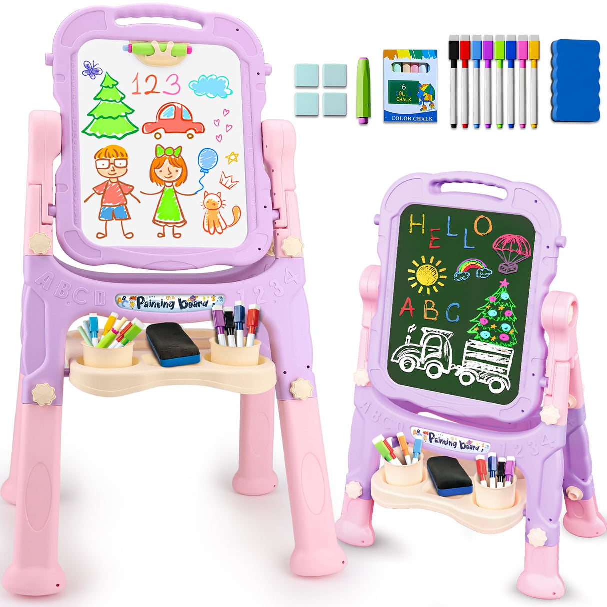 Kids Easels for Toddlers 2-4 Double Sided Kids Art Easel with Magnetic White Board Chalk Board Adjustable Stand Drawing Painting Easel Learning Toys 2 3 4 Year Old Girl Birthday Christmas Gifts Pink