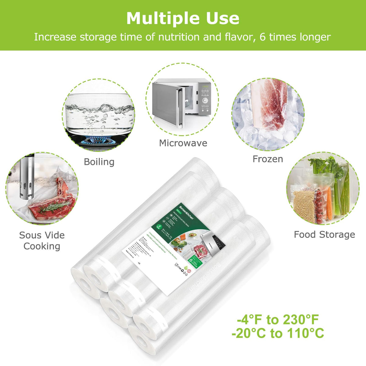 Bonsenkitchen Vacuum Sealer Rolls bags, 3 Rolls 11"x 20'+ 3 Rolls 8"x 20'