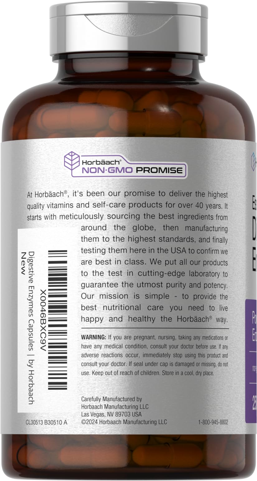 Horbäach Essential Digestive Enzymes | 250 Capsules | Powerful Enzyme Blend for Men & Women | Non-GMO & Gluten Free Supplement