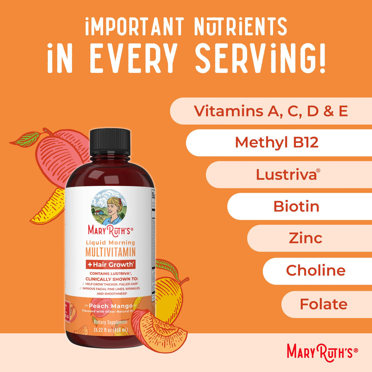 MaryRuth Organics Liquid Multivitamin + Hair Growth | Biotin 10000mcg | Lustriva Hair Growth Supplement | Clinically Tested in Women for Thicker Hair & Facial Wrinkle | Skin Care | 18+ | 15.22 Fl Oz