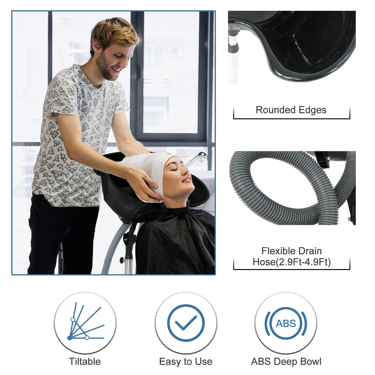 Height Adjustable Portable Salon Deep Shampoo Basin Sink Hair Treatment Bowl with Drain Hose Black