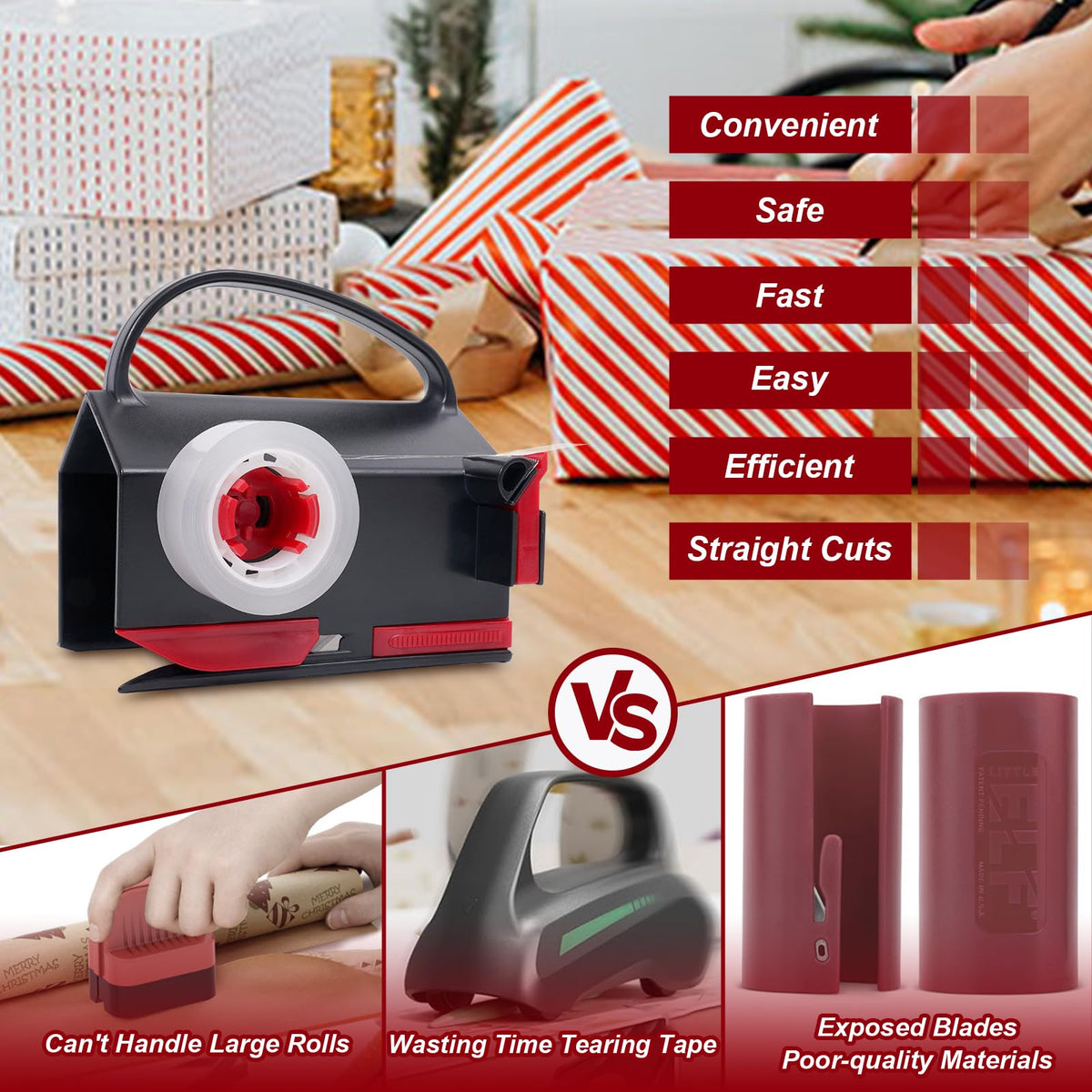 2-in-1 Wrapping Paper Cutter & Tape Dispenser, with 4 Tapes & 2 Blades 