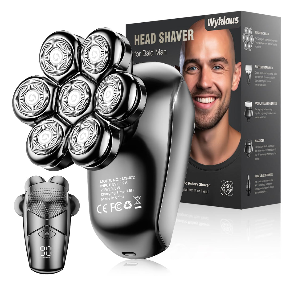 7D Head Shaver for Bald Men,IPX7 Waterproof Electric Rotary Shaver with Detachable Heads, Wet/Dry Shaving, LED Display, USB Rechargeable - Grooming Kit for Men & Women