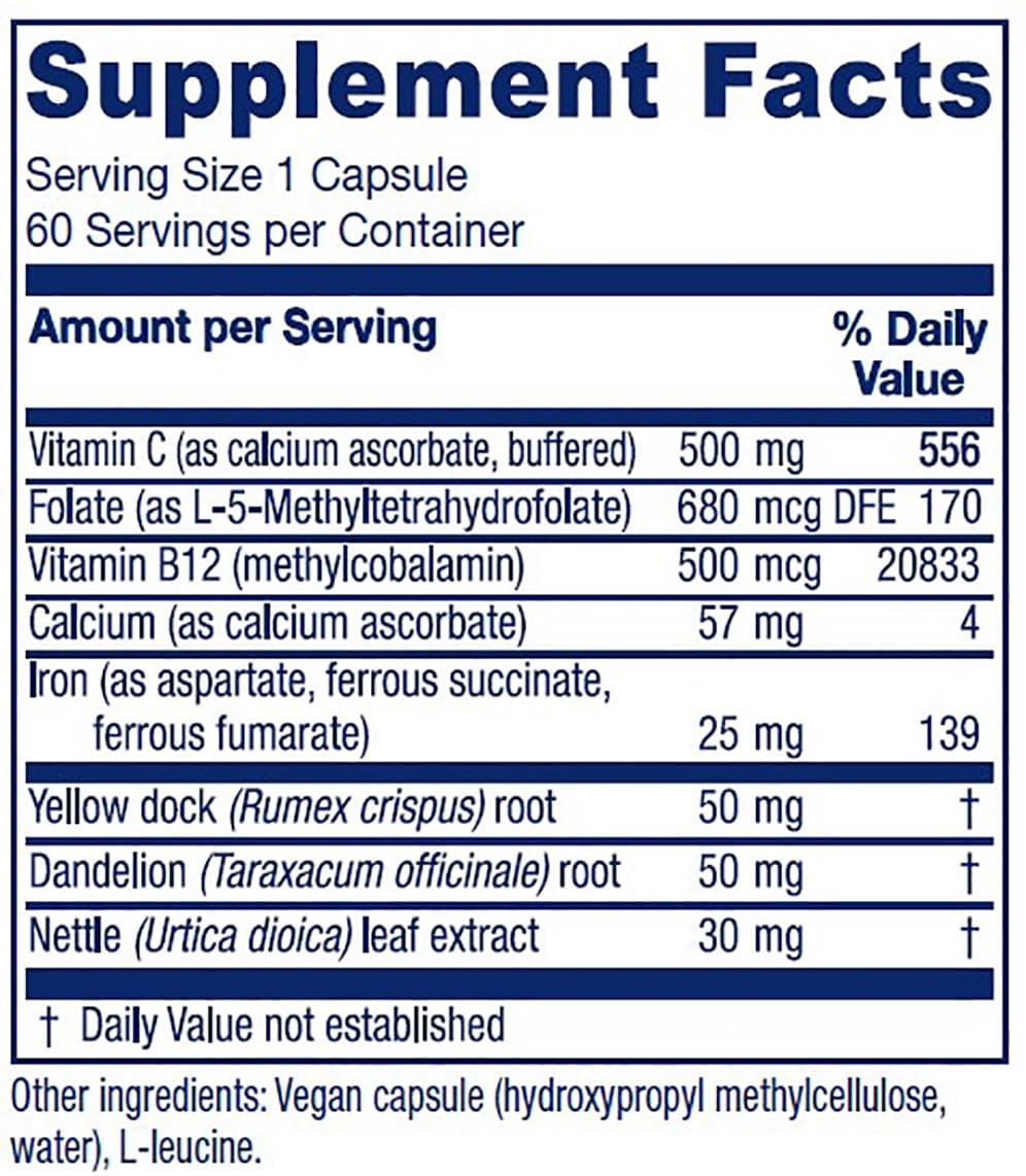 Vitanica Iron Extra, Iron Supplement Enhanced Absorption with Vitamin C 500mg, Methylfolate 400mcg, B12 Vitamin 500mcg, Calcium, Yellow Dock, Dandelion Root & Nettle Leaf Extract, Vegan, 60 Capsules