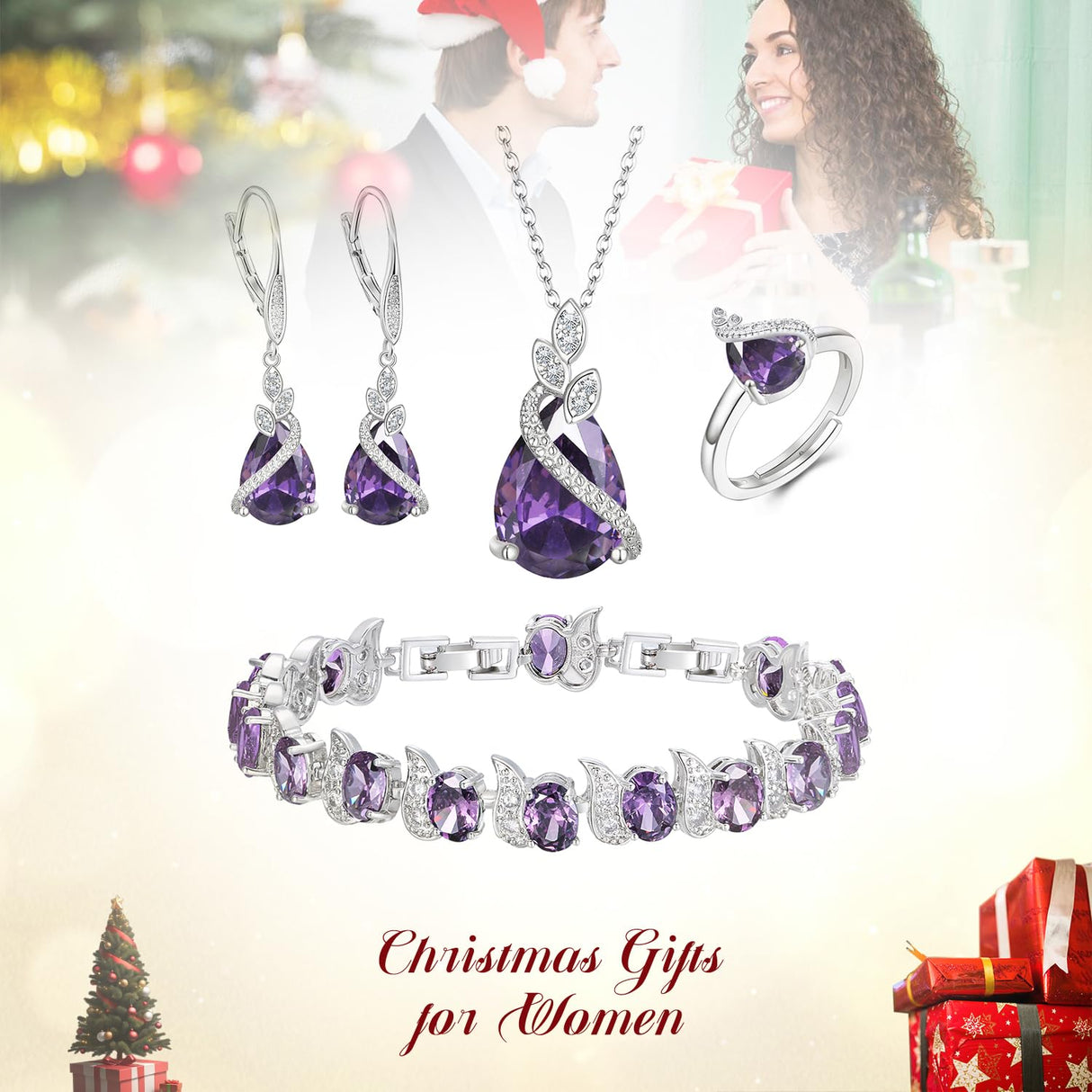 BriLove Wedding Bridal Prom Jewelry Set for Women Bride Bridesmaid Purple