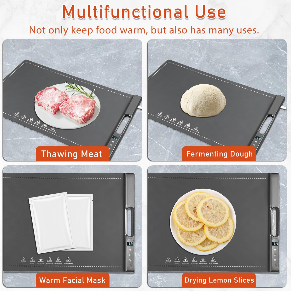 Warming Mat for Food, Electric Warming Tray, Silicone Food Warming Mat with 7 Temperature Levels & 1-4H Timer, Auto Shut-Off, Rollable & Portable, 23.62"*14.96" Food Warmers for Parties, Buffet, Gray
