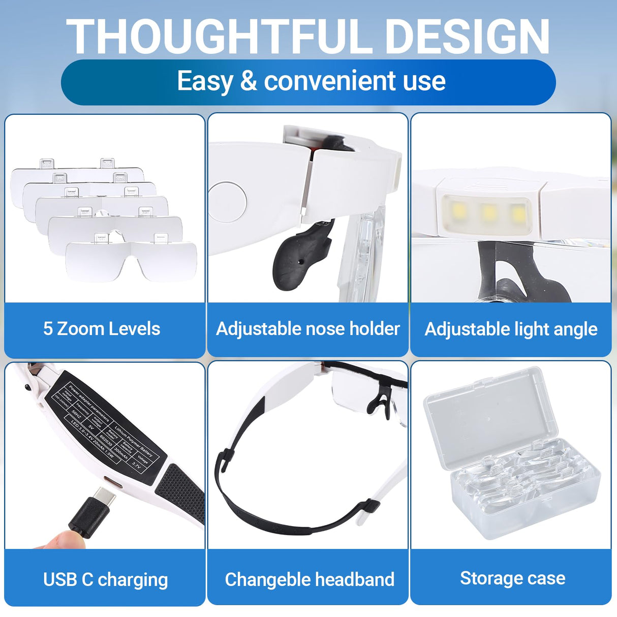 YOCTOSUN Head Magnifier Glasses with 3 LED Lights and 5 Detachable Lenses 0.75X, 1.25X,2.0X, 3.0X and 4.0X, USB Charging Eyeglasses Magnifier, Magnifying Glasses with Light for Close Work Hobby Crafts