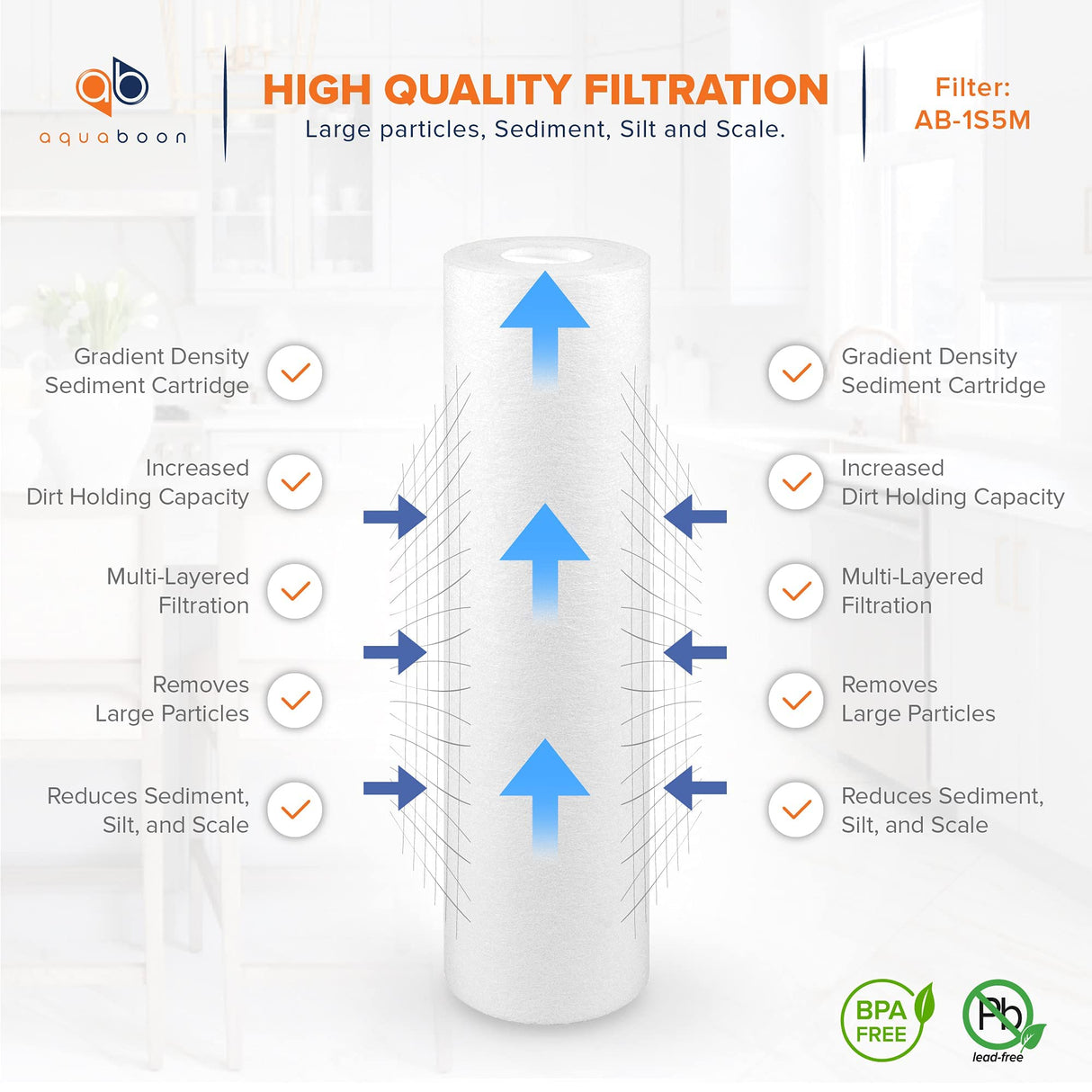 Aquaboon 5 Micron 10 x 2.5 Sediment Filter - Whole House Water Filter Replacement Compatible with Well Water Filters - P5, AP110, WHKF-GD05, 4 Pack
