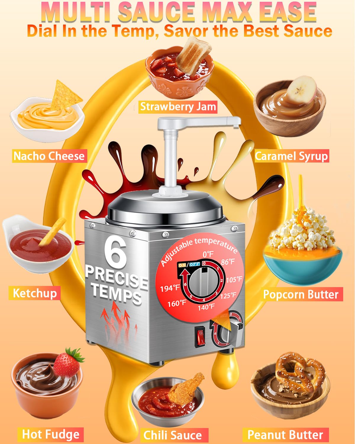 Nacho Cheese Dispenser - 2.8 Qt Nacho Cheese Warmer Machine with Pump, Stainless Steel Hot Fudge Sauce Warmer W/6-Level Temperature Adjustment,Syrup Hot Fudge Dispenser for Hot Fudge Cheese Caramel