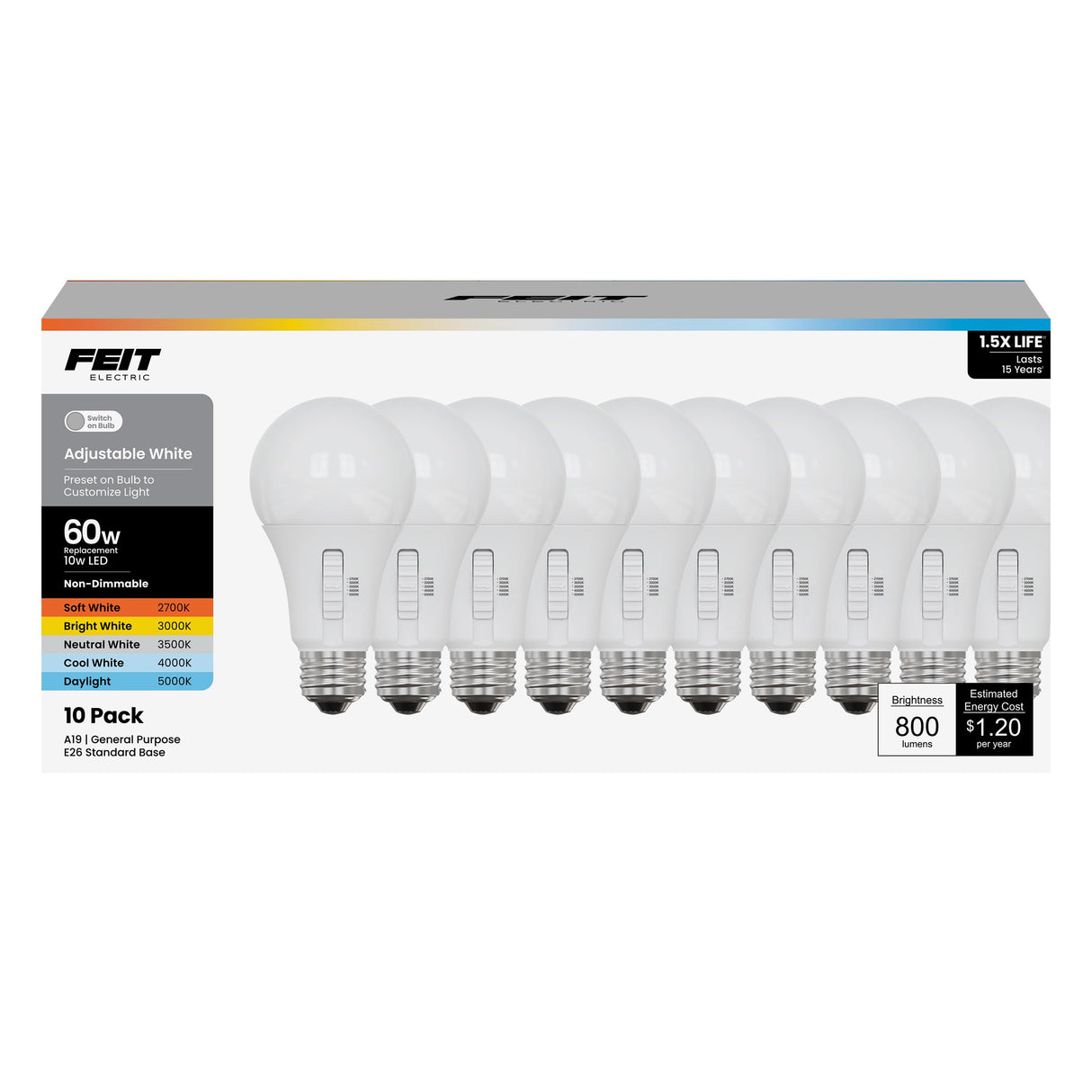 Feit Electric A19 LED Light Bulb, 60W Equiv, Non-Dimmable, Selectable Color Temperatures (2700K-5000K), 800 Lumens, General Purpose Light Bulbs, 17,000-Hour Lifetime, OM60/5CCT/15KLED/10, 10 Pack