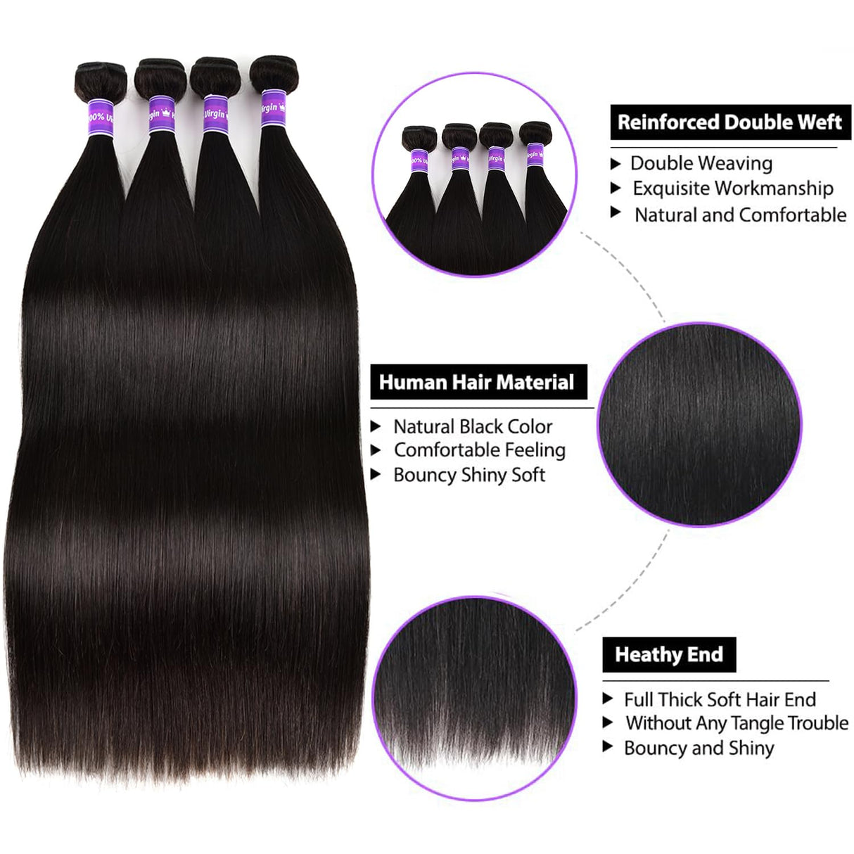 10A Human Hair Bundles Straight Hair Bundles Brazilian Straight Human Hair Bundles 18 20 22 24 Inch 100% Unprocessed Virgin Weave 4 Bundles Human Hair Raw Remy Hair Bundles Deals Natural Black