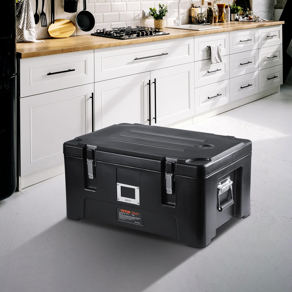 VEVOR Insulated Food Pan Carrier, 36Qt Capacity, Stackable Hot Box for catering w/ 3 Stainless Steel Pans, Top Load LLDPE Food Warmer w/Elastic Side Handles and Buckles, for Restaurant Canteen, Black