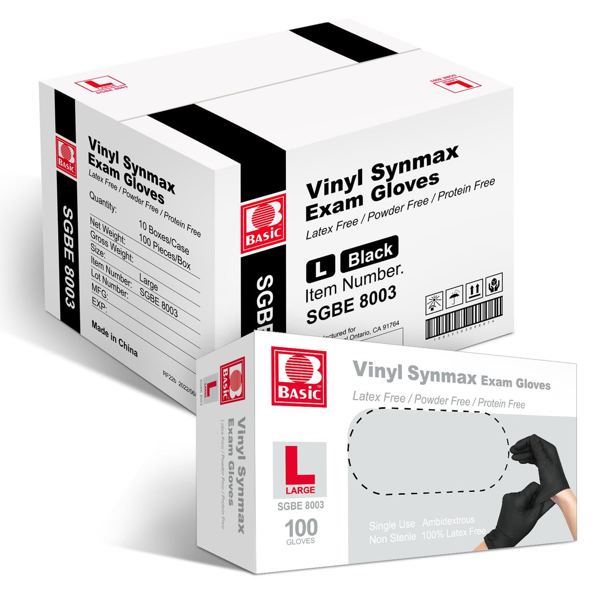 Basic Disposable Medical Synmax Vinyl Exam Gloves - 4 mil Safty Glove 1000pcs - Latex-Free & Powder - SGBE 8003, Large (Case of 1000, Black)