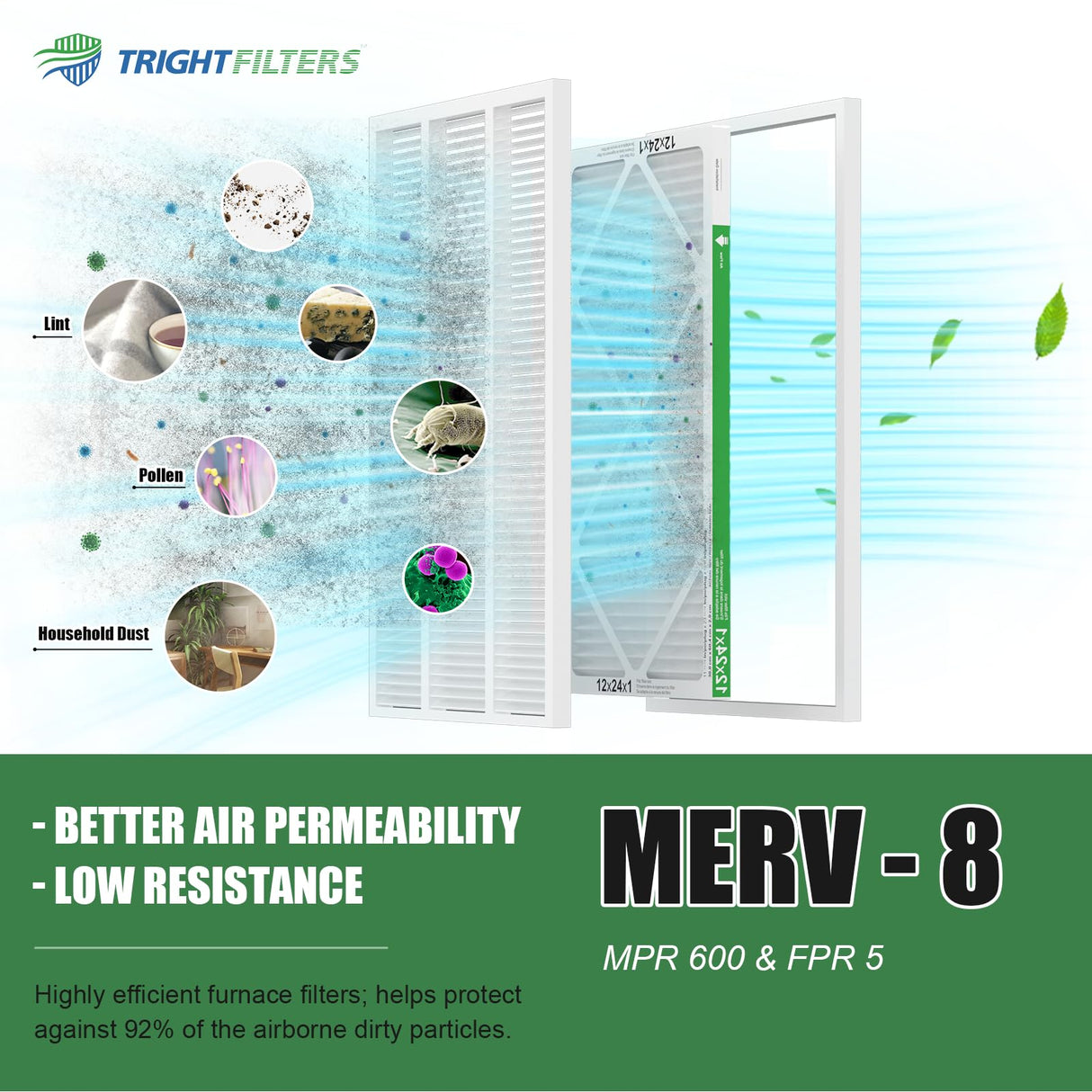 TRIGHTFILTERS 12x24x1 Air Filter 4 Pack, MERV 8 Pleated Dust Defense Air Filters Replacement Air Conditioner HVAC AC Furnace Filter, Durable and Lightweight