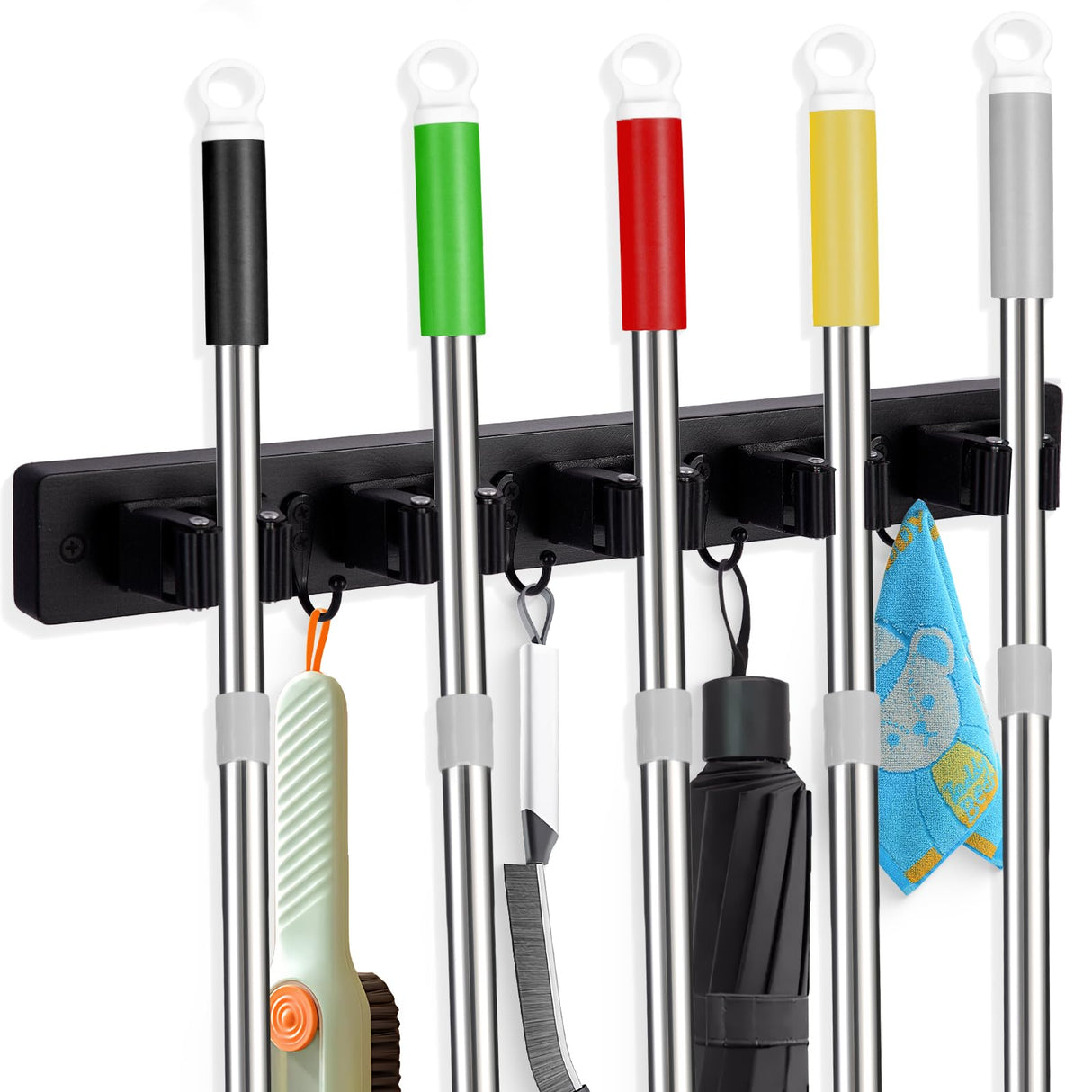 FunCee Broom Holder Wall Mount With 5 Slots & 4 Hooks,Rustic Wood Broom & Mop Hanger,Wall Mounted Garden & Garage Tool Storage Organizer Rack for Closet Laundry Room or Kitchen Wall Decor Black