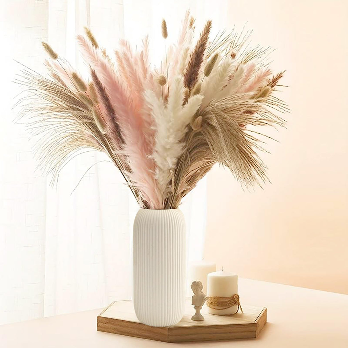Ceramic Vase for Flowers – Modern Small Ribbed Textured Flower Vase for Home Decor, Pampas Grass, Decorative, Farmhouse, Coffee Table, Kitchen Centerpieces, Bookshelf and Home Living (XL White)
