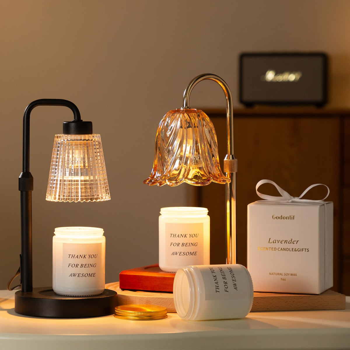 GODONLIF Flower Candle Warmer Lamp with Timer, Gold Electric Candle Lamp
