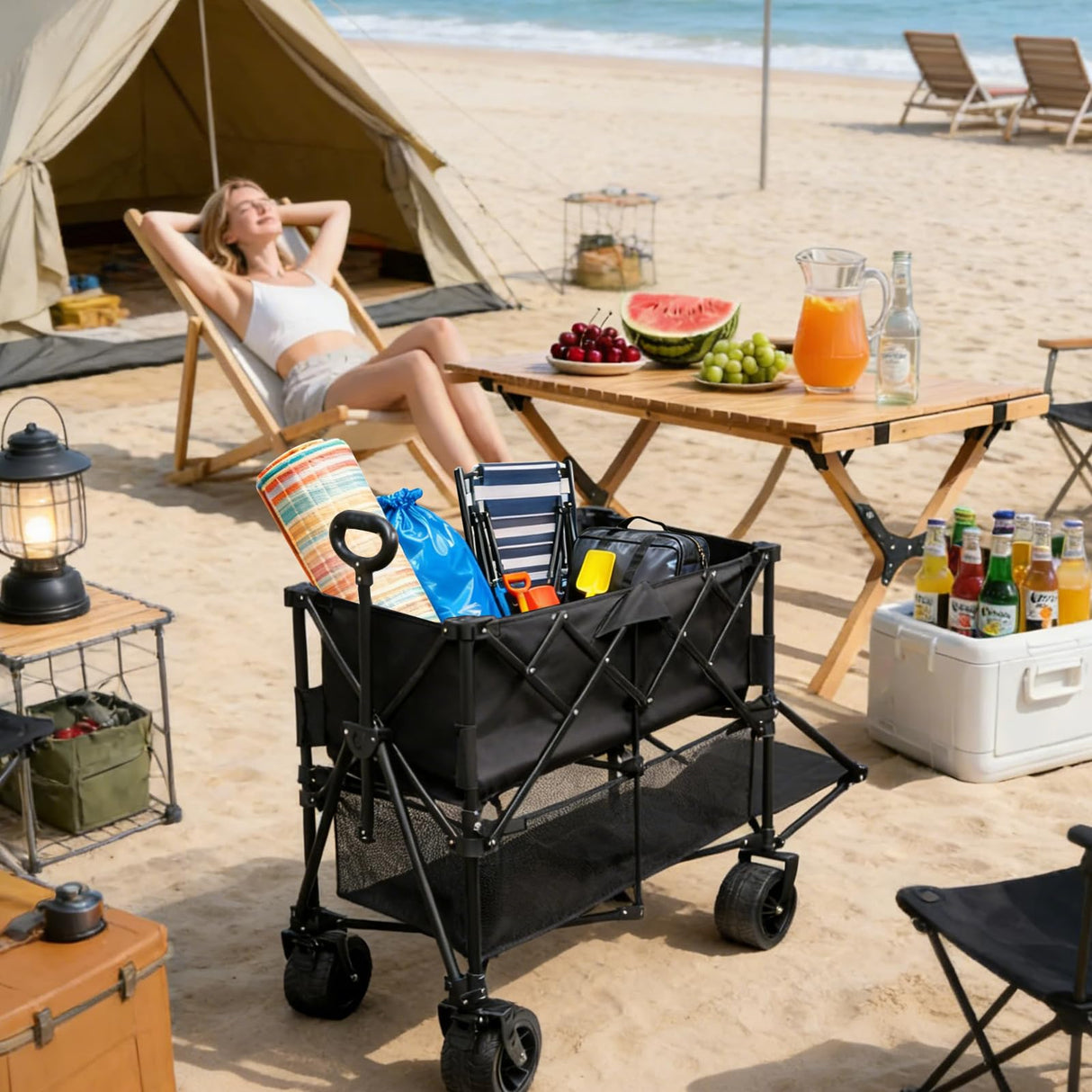 700L Large Capacity Double Decker Wagon Collapsible Wagon with Tailgate 55'' Extra Long, Foldable 600lbs Heavy Duty Beach Cart with All-Terrain Big Wheels,Utility Carts, Sports,Outdoor,Shoping Cart