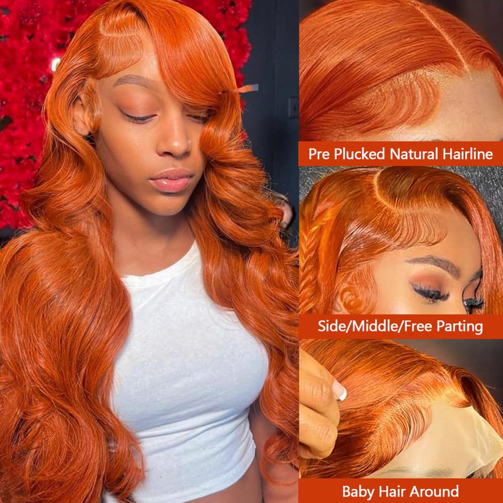 dorbess Ginger Orange 30 Inch Lace Front Wigs Human Hair Body Wave Wavy 13x6 HD Lace Front Glueless Ginger Wig Human Hair 180% Density Transparent HD Lace Frontal Wigs Pre Plucked Hairline
