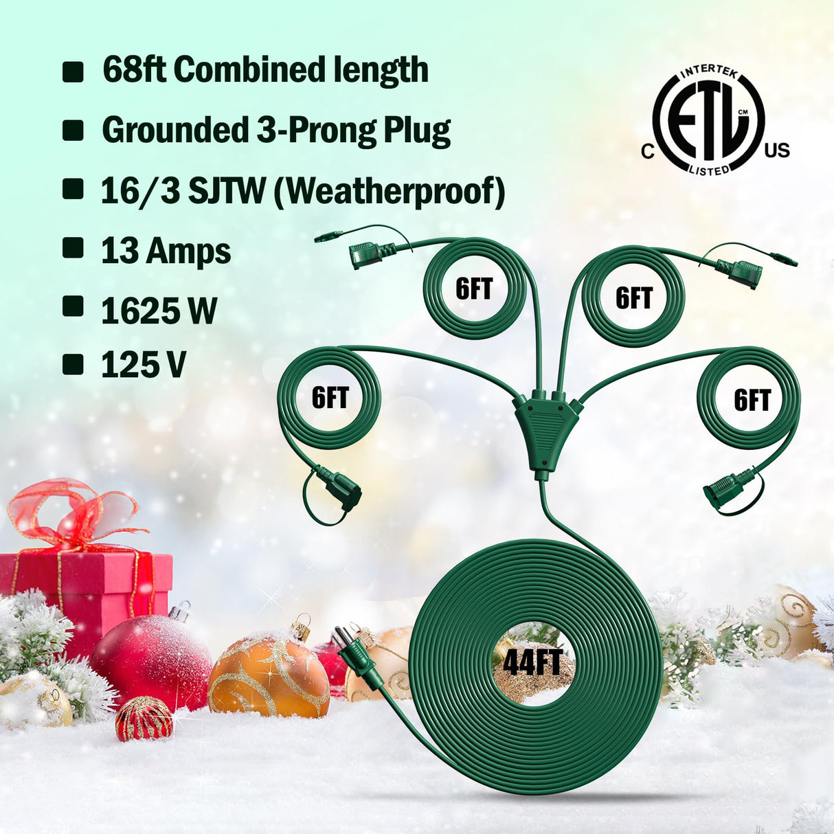 Eversimpleinc 1 to 4 Splitter Extension Cord (Combined 68 FT, End to End 50 FT), 3 Prong Plug with 4 Outlets with Weatherproof Covers for Indoor and Outdoor Holiday Christmas Decroations