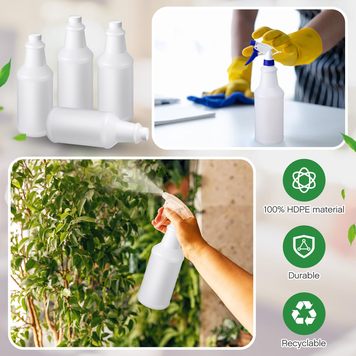 Honeydak 10 Pcs Chemical Resistant 32 oz Bottles, Commercial-grade Quality Reusable Plastic Bottle, Hdpe Plastic, Suitable for Home, Garden, Work (Nozzles Not Include)