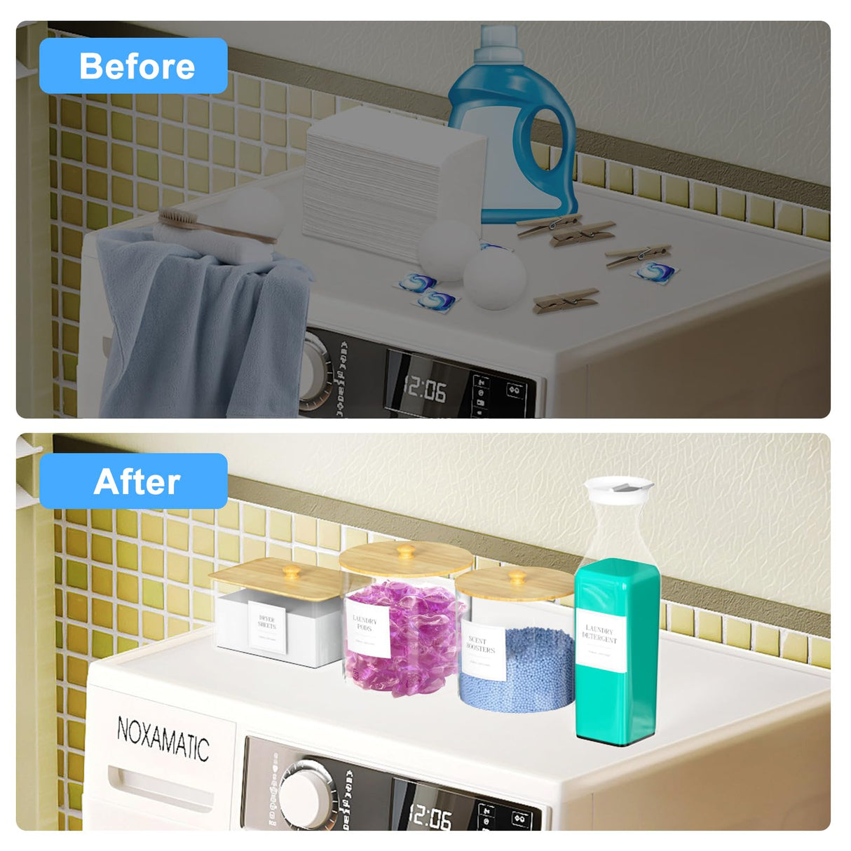 3+1 Pack Laundry Pods Containers & Dryer Sheet Holder & Laundry Detergent Dispenser, Laundry Room Organization and Storage Jars with Lids, Labels and Scoops for Scent Booster, Powder, Pods