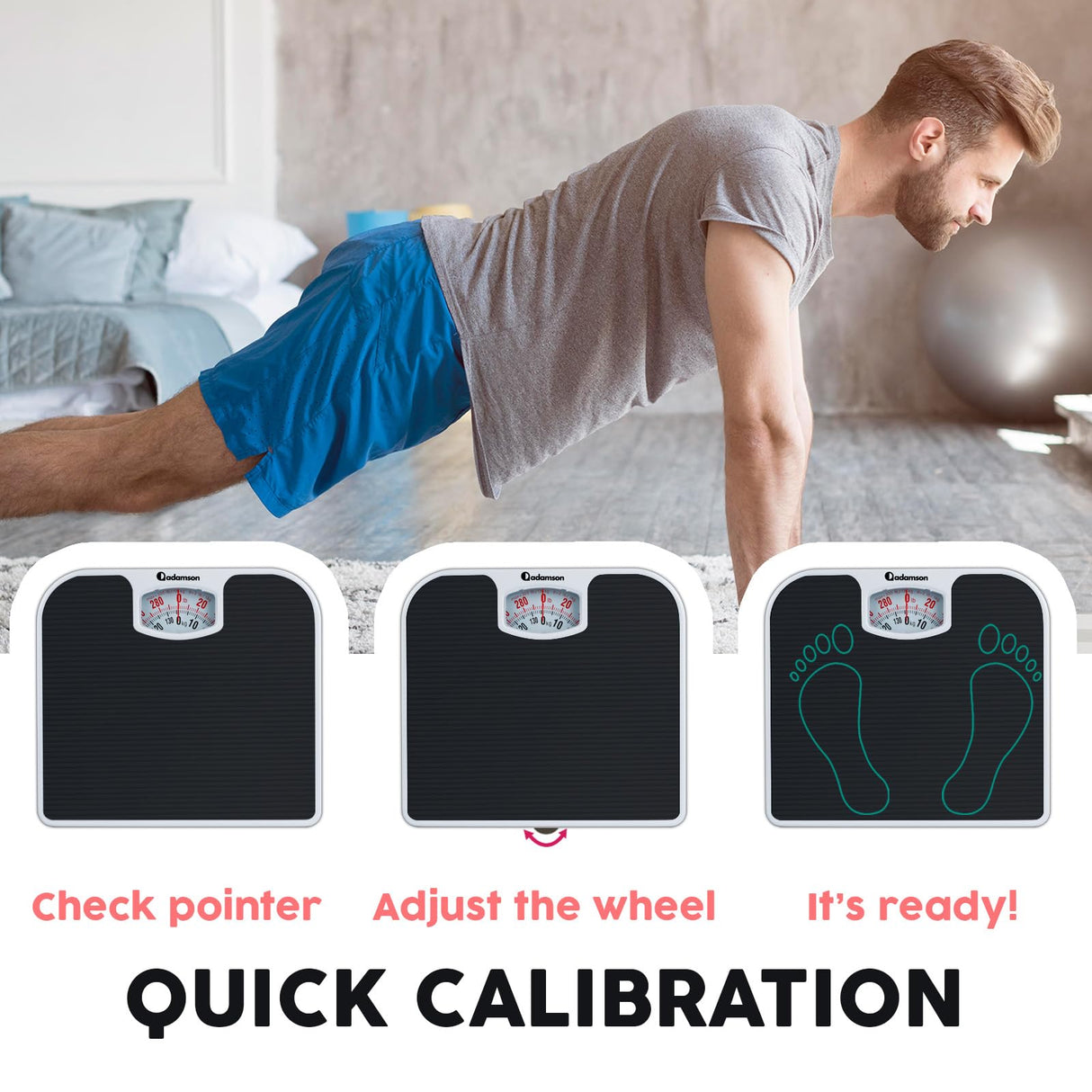 Adamson A21 Analog Scales for Body Weight - Up to 300 LB - New 2024 - Anti-Skid Rubber Surface + Large Numbers - Analog Bathroom Scale - Affordable - Durable with 20-Year Warranty - Black