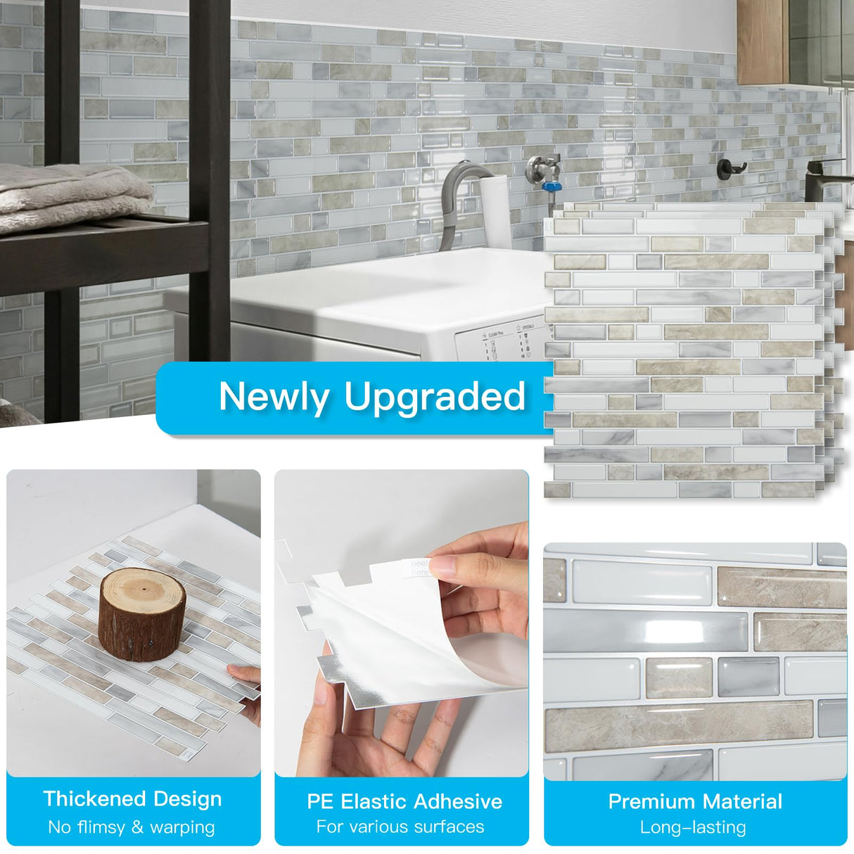 Art3d 10-Sheet Heavy-Duty Peel and Stick Backsplash, Waterproof Wall Tiles Stick on Kitchen Backsplash Living Space, Beige & White