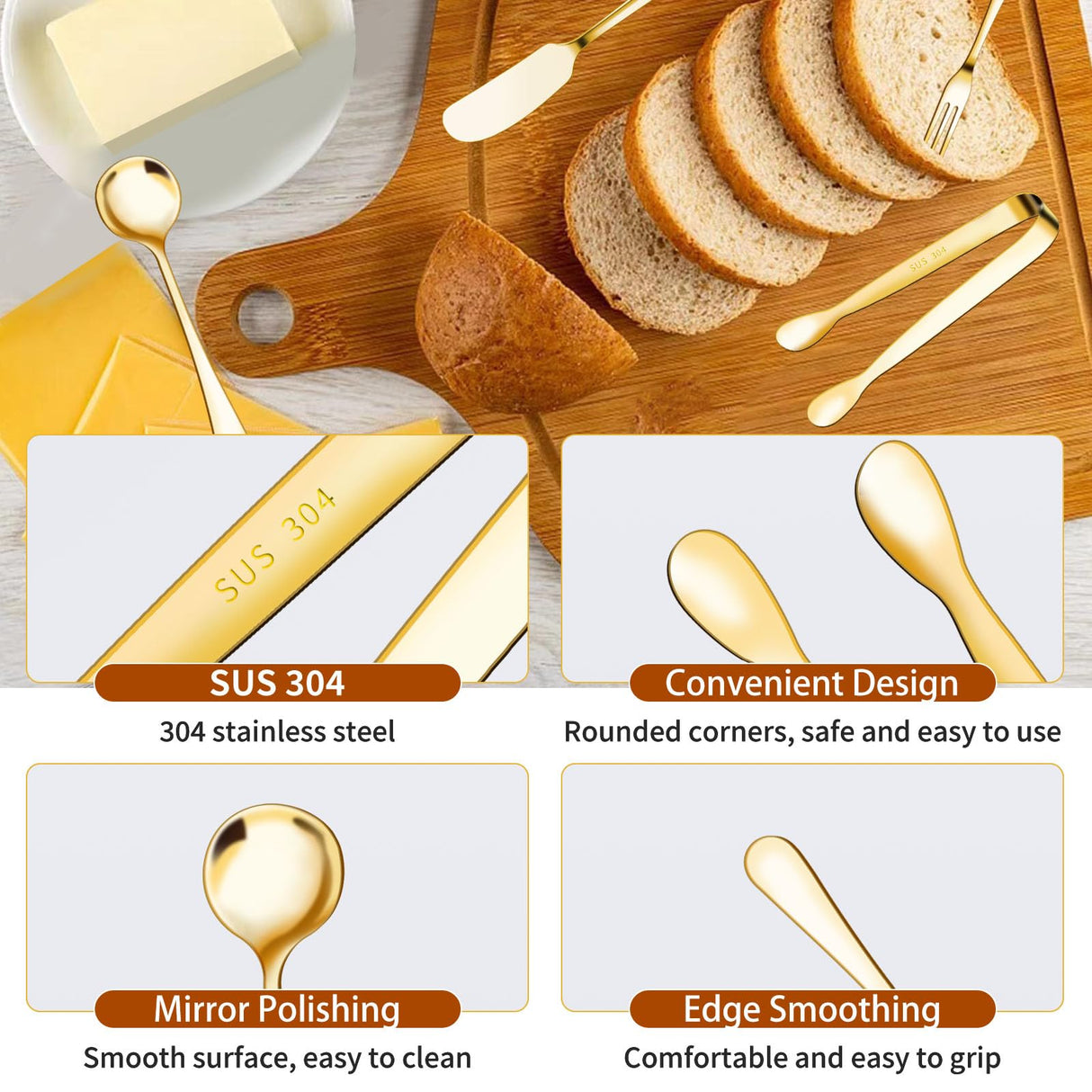 48 Pcs Charcuterie Boards Accessories Butter Spreader Knives Set Stainless Steel Cheese Mini Serving Tongs Spoons Forks Dipping Bowls Toothpick Flags Utensils for Pastry Making Wedding Christmas(Gold)