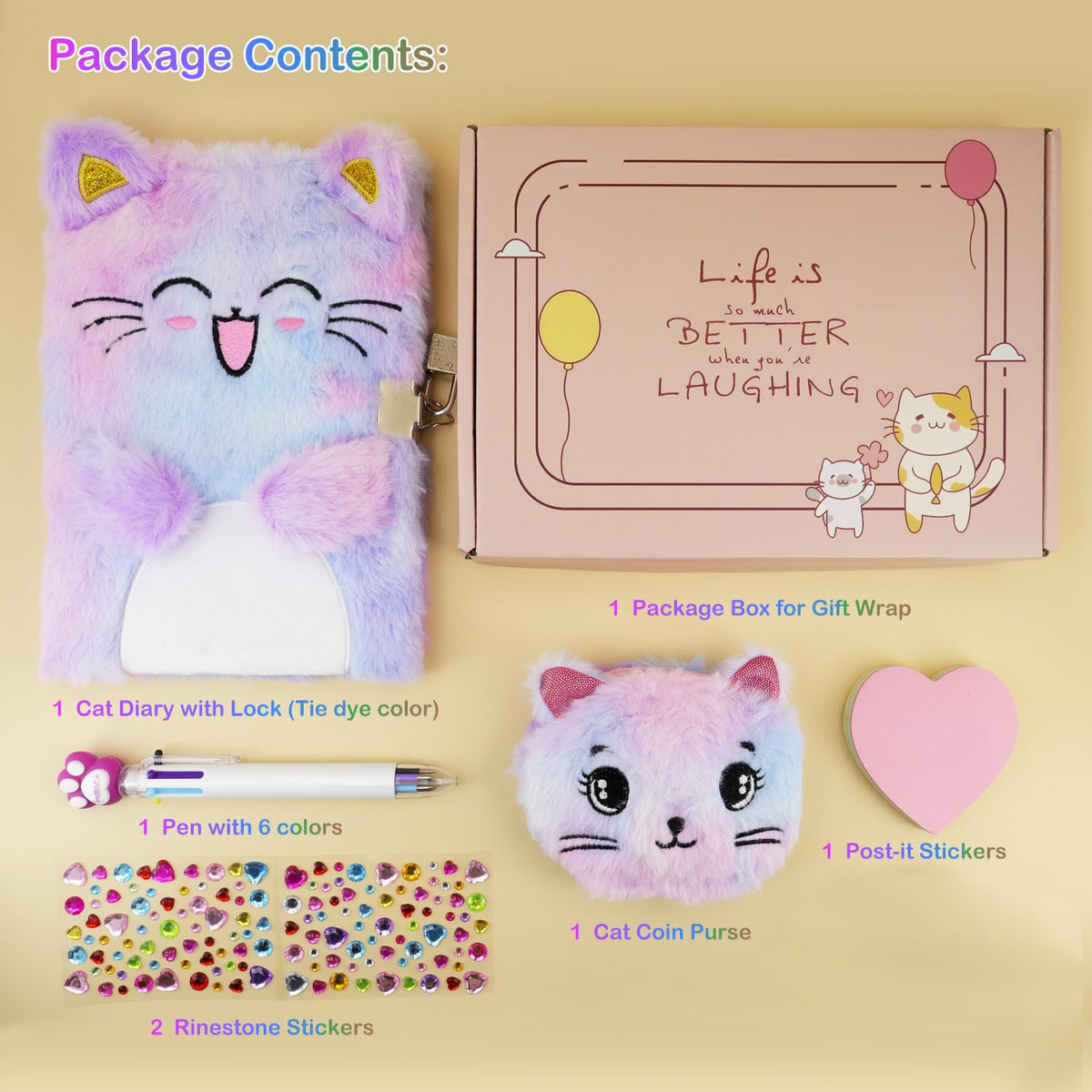 PJDRLLC Cat Diary with Lock, Gift for 6 7 8 Year Old Girl