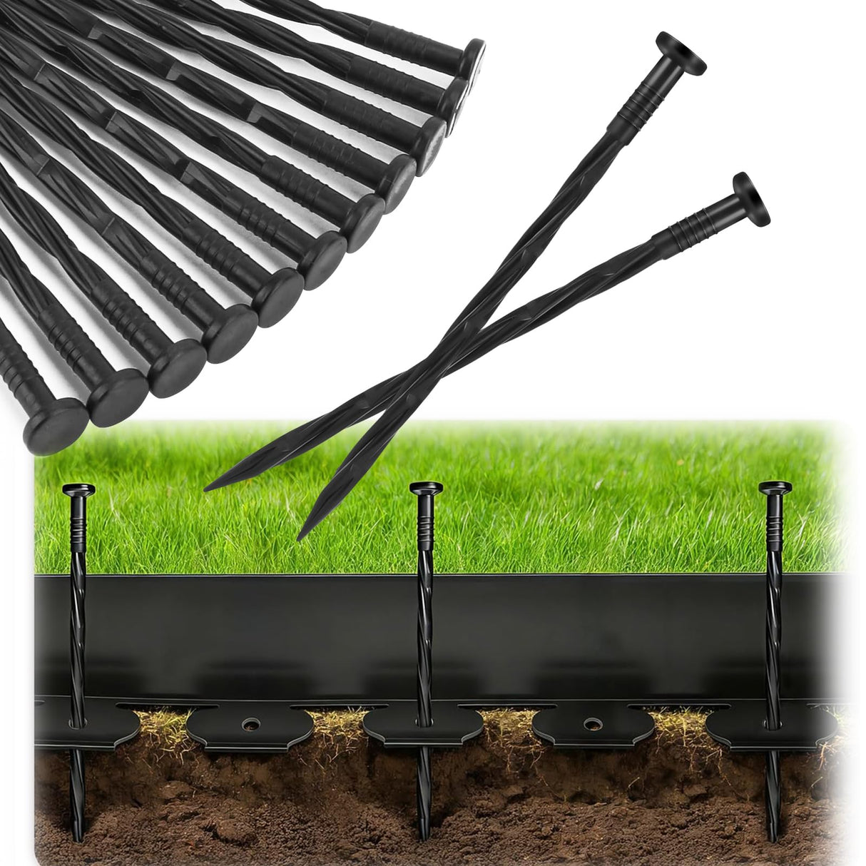 Garaook 120PCS 8-Inch Plastic Landscape Edging Stakes, Spiral Nylon Landscape Spikes, Anchoring Nails for Weed Barrier, Paver Edging, Landscape Edging, Artificial Turf, Grass Pathways, Black
