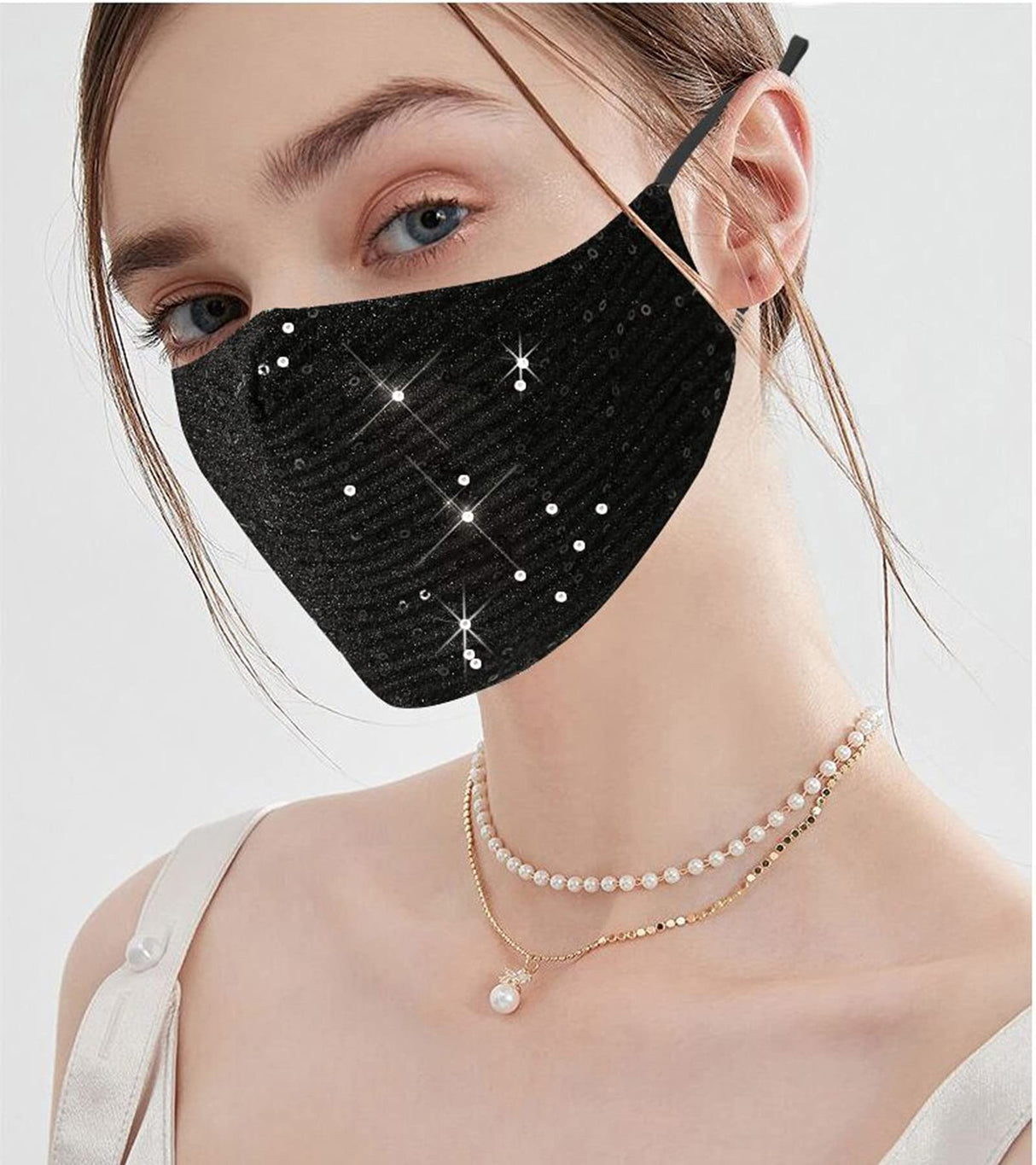 Sparkly Sequins Mouth Masc Fashion Designer Glitter Cotton Face Cover With Adjustable Ear Loops Reusable Masquerade Party Nightclub Rave Festival Sequins Face Covering (Black)