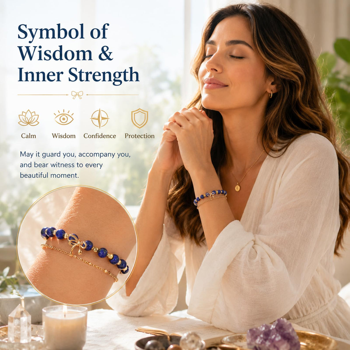 Handmade Lapis Lazuli Bracelet Natural Gemstone 14K Gold-Plated Chain Bow
