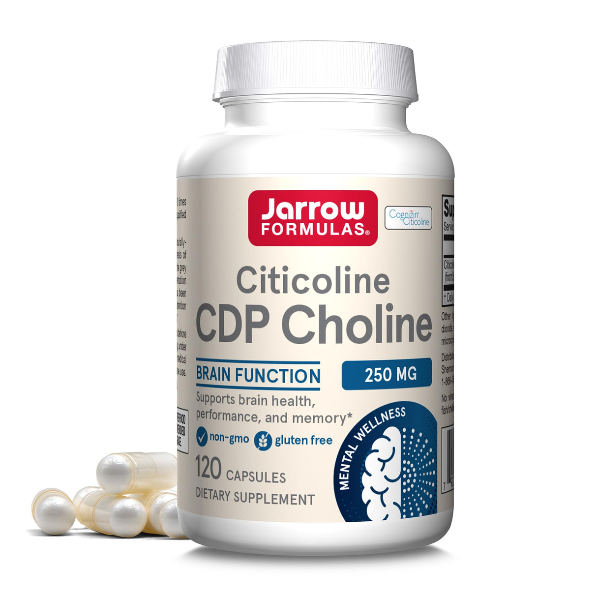 Jarrow Formulas Citicoline CDP Choline 250 MG, CDP Choline Supplement Supports Brain Health, Performance and Memory, 120 Capsules, Up to a 120 Day Supply