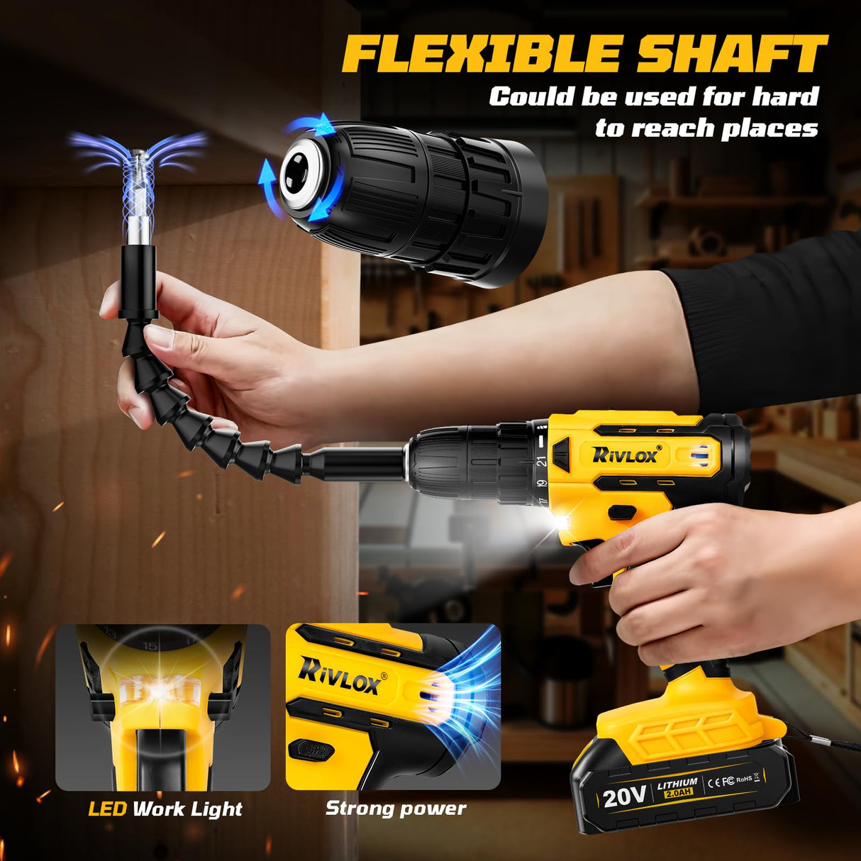 20V Cordless Drill Set,Electric Power Drill Cordless,Power Drill Drivers,Electric Screwdriver - 2.0Ah Batteries, 30Nm,21+1 Torque,2 Speed, Built-in LED,Kit for Home, Yellow