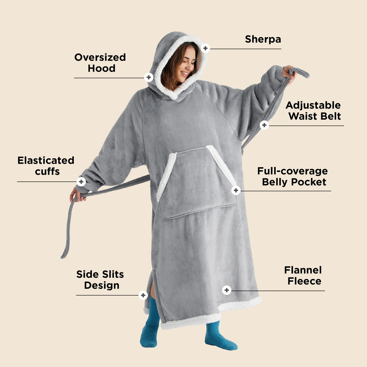 Bedsure Wearable Blanket Hoodie, Long Hooded Blanket Sweatshirt as Christmas Birthday Gifts for Women, Cozy Sherpa Hoodie for Adult, Standard, Grey